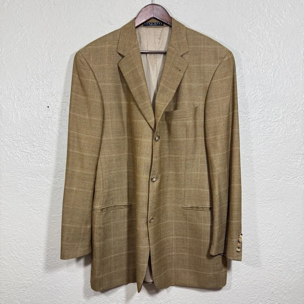 Hugo Boss Sport Coat Blazer Jacket 44L USA Virgin Wool Einstein Windowpane Vtg